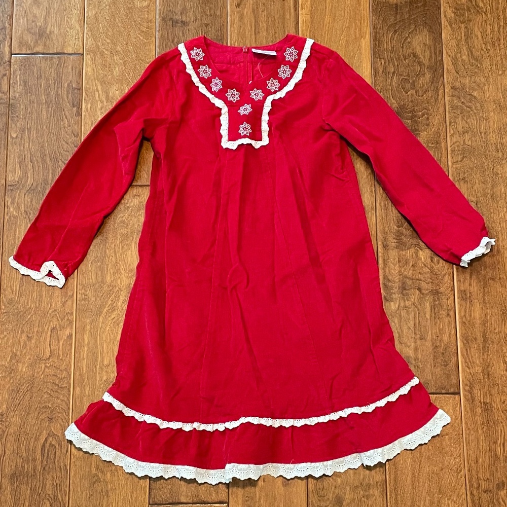 Hanna Andersson Red Dress Corduroy with White Lace Girls Size 130 or 8